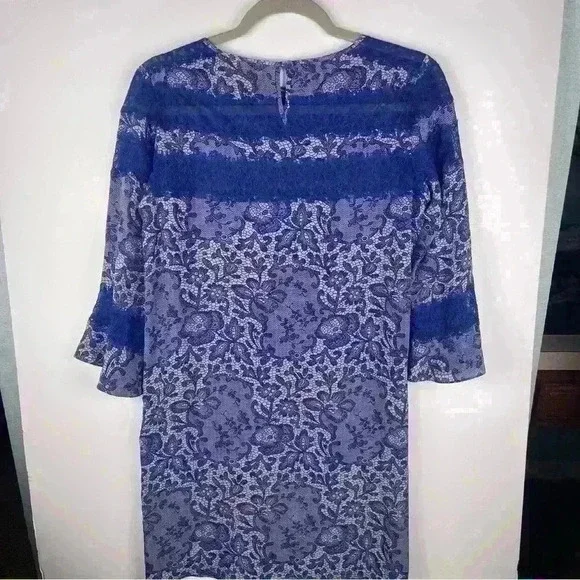 Rebecca Taylor Blue 100% Silk Lace Trim 3/4 Relaxed Fit Shift Dress Sz.2 Goth - Picture 8 of 9
